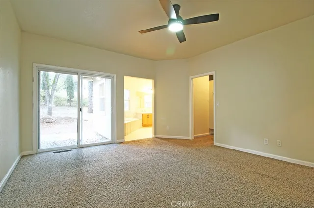 a view of a backyard with large trees