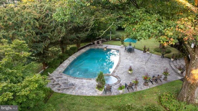 a view of a yard with large trees