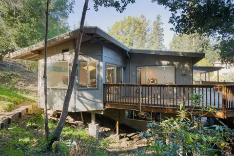 a garden view with a seating space