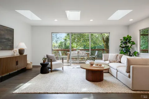 a living room with furniture potted plant and a large window