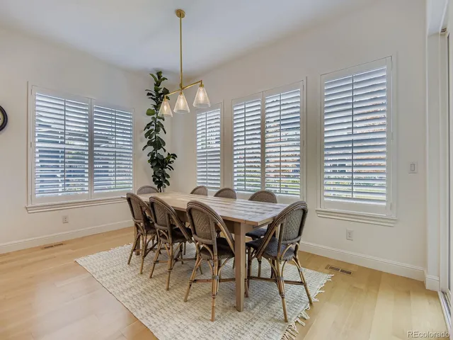 a view of a dining room with furniture and window