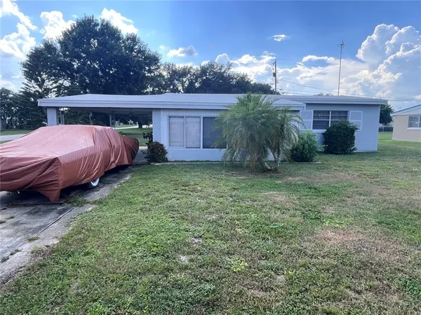 a view of a house with a backyard and a tree