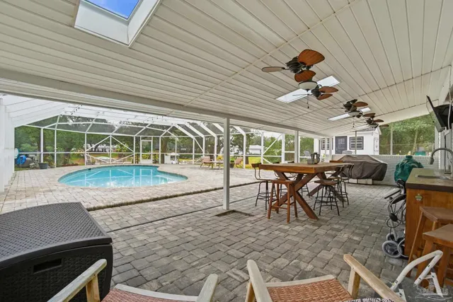 an outdoor space with seating