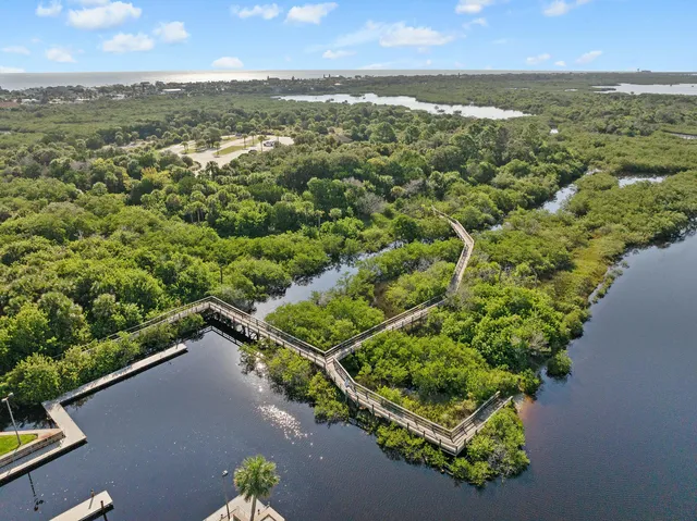 an aerial view of residential houses with outdoor space and trees