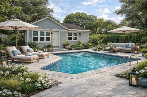 a view of a house with backyard sitting area and garden