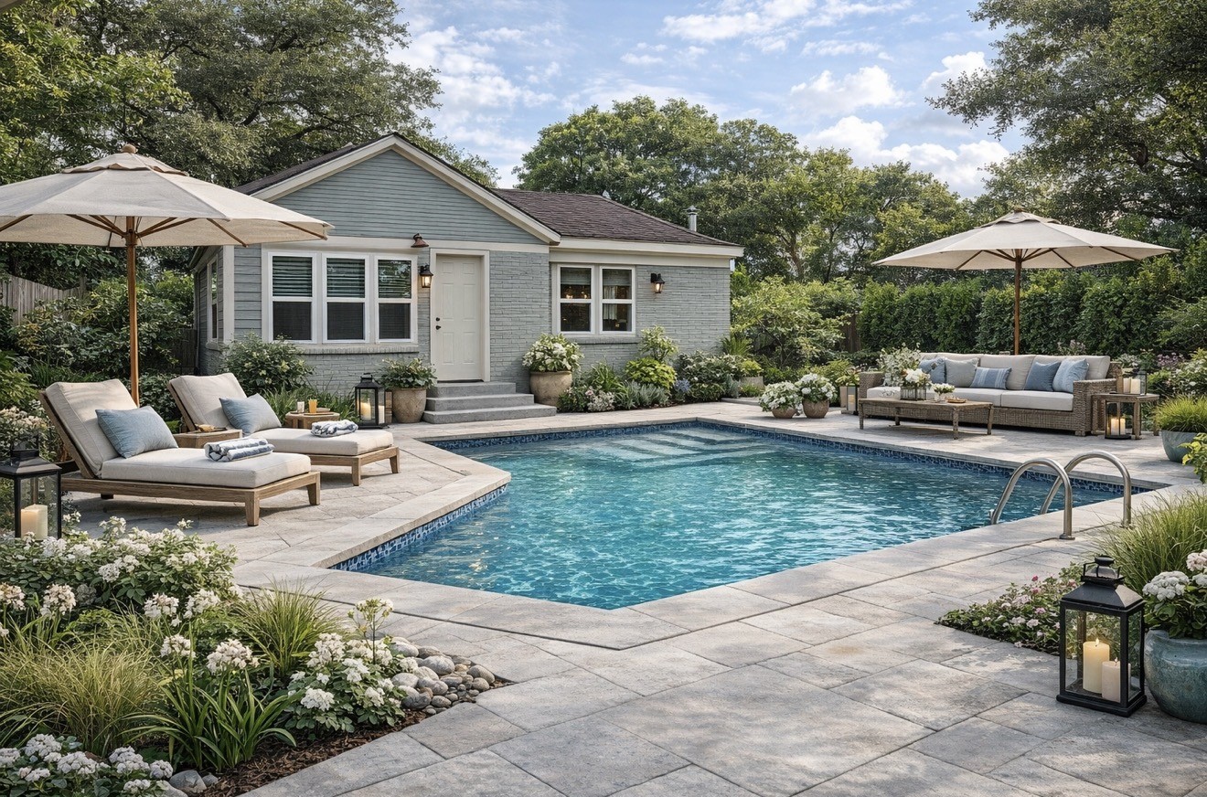 a view of a house with backyard sitting area and garden