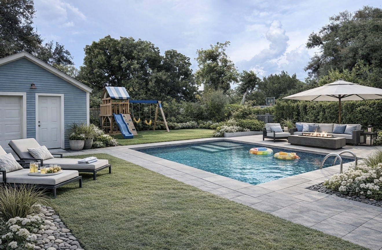 609 Reid Street Houston, TX 77022 - Photo 2 of 48 This photo is virtually staged intended for ideas. Another backyard remodel potential with some fun in the sun for adults and children.