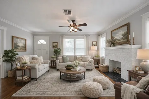 a living room with furniture fireplace and a table