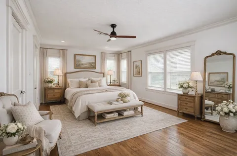 a front view of a house with a garden and plants