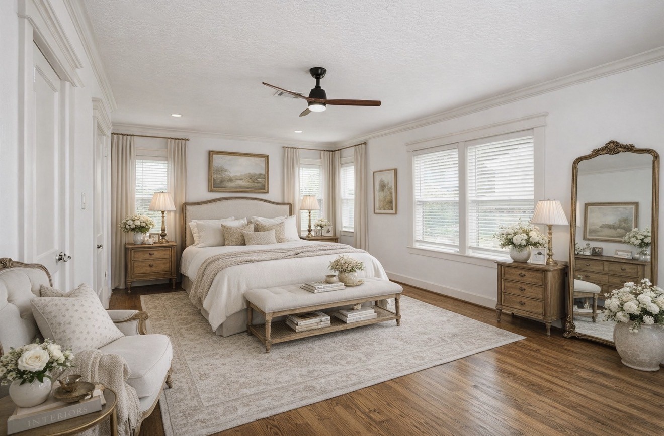 609 Reid Street Houston, TX 77022 - Photo 8 of 48 a spacious bedroom with a bed and wooden floor