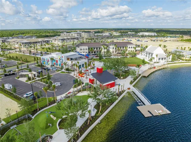 a view of a city with lawn chairs