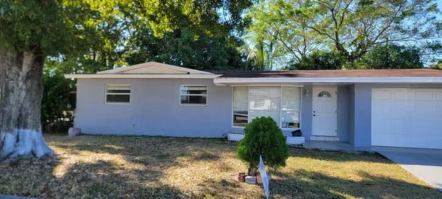 a view of a house with a yard potted plants and large tree