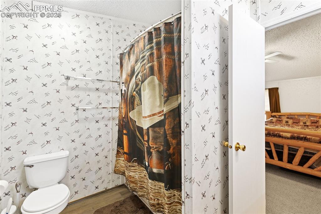 20480 Drennan Road Colorado Springs, CO 80928 - Photo 26 of 47 a bathroom with a toilet and a shower curtain