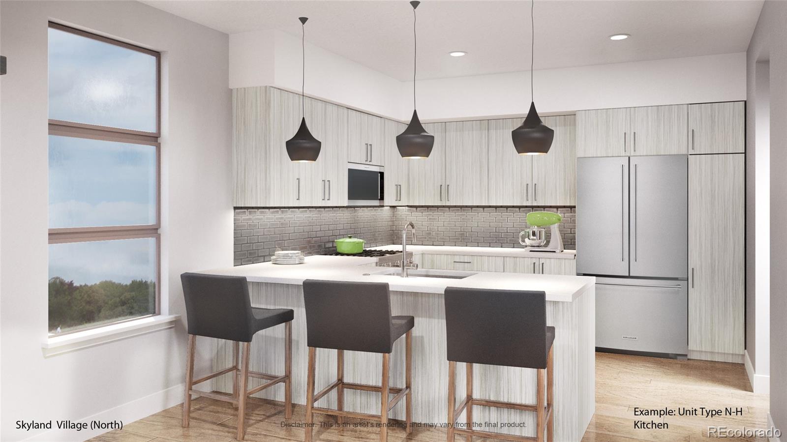 a kitchen with a refrigerator a sink and chairs