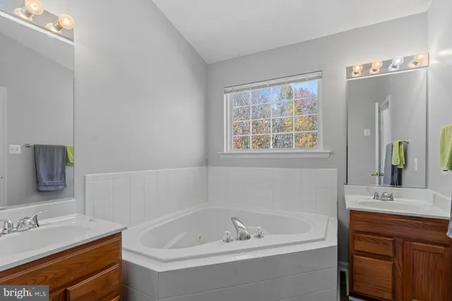 a bathroom with a tub sink and mirror
