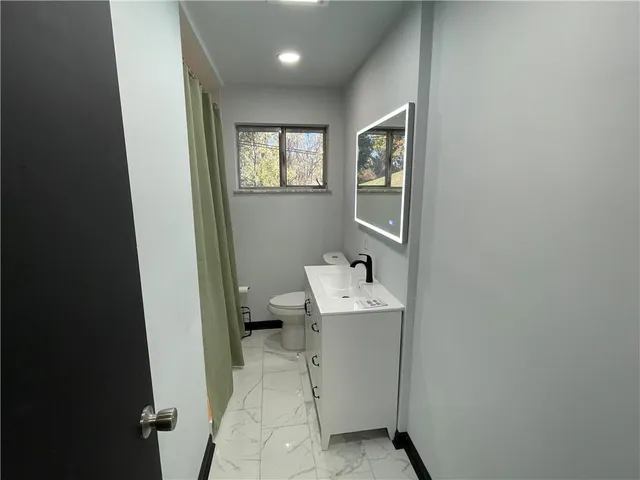 a bathroom with a shower and toilet