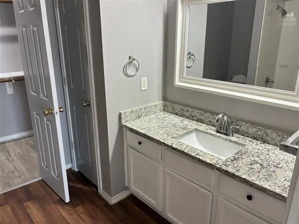 a bathroom with a granite countertop sink and a mirror