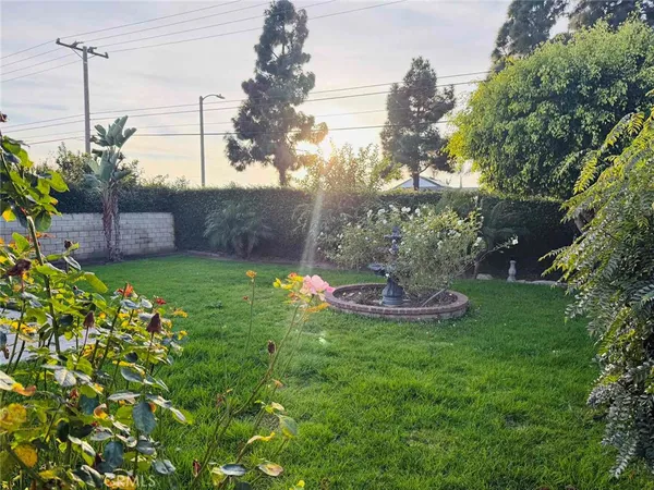 a view of a garden with a fountain