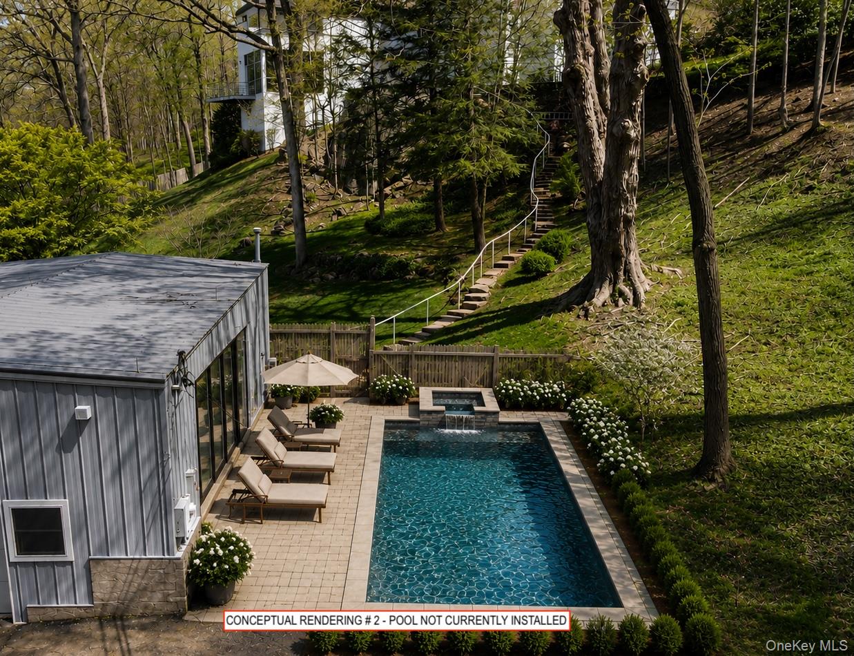 54 Cross Pond Road Pound Ridge, NY 10576 - Photo 30 of 49 Conceptual rendering illustrating a potential pool retreat adjacent to the existing studio building. Pool not currently installed. Subject to approvals and buyer verification.