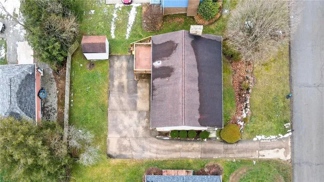 a aerial view of a house with a yard and large tree