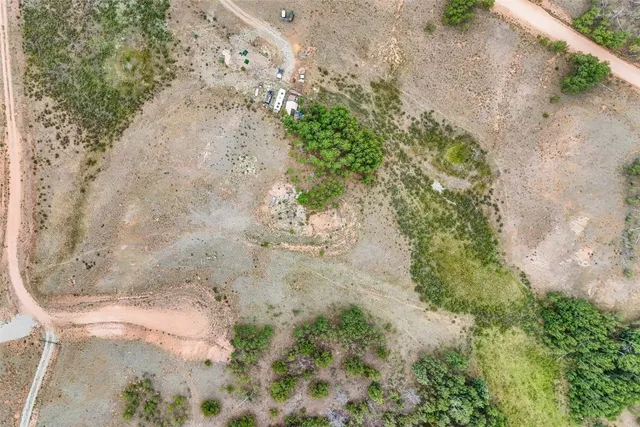 a view of a dry yard with lots of bushes