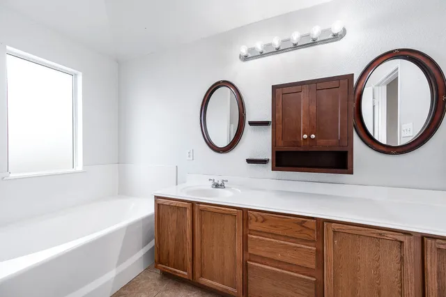 a bathroom with a bathtub