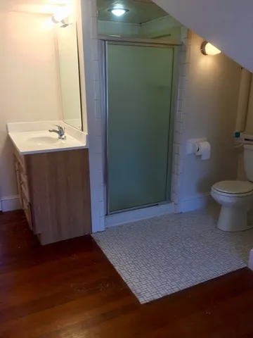 a bathroom with a sink a toilet and mirror
