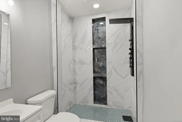 a bathroom with a shower and a toilet