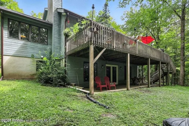 a view of a yard with plants and trees