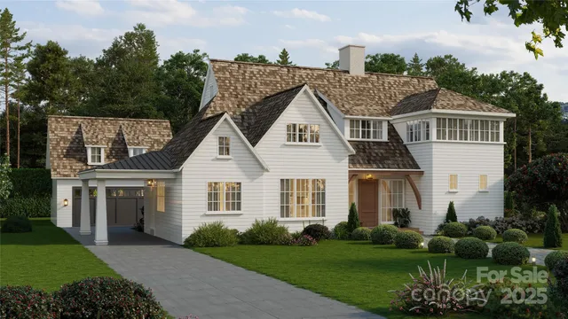 a view of a house with a yard and potted plants