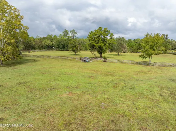 a view of a lake with a big yard and potted plants