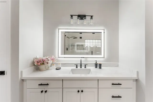 a bathroom with a sink and a mirror