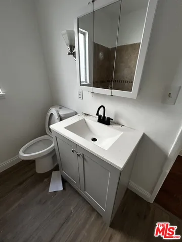 a bathroom with a sink a toilet and mirror