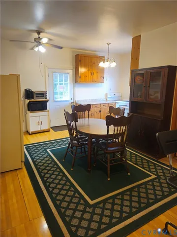 a view of a dining room with furniture