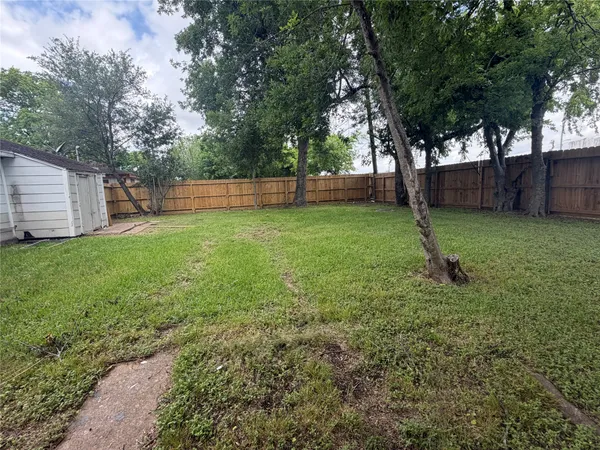 a view of a backyard with large trees