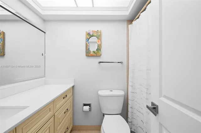 a bathroom with a sink a toilet and shower curtain