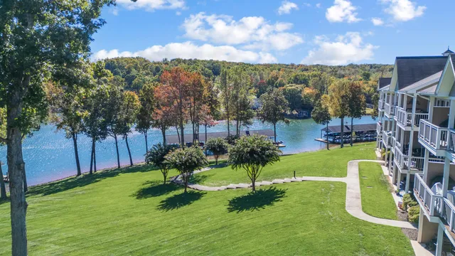 a view of a lake with a mountain in the background