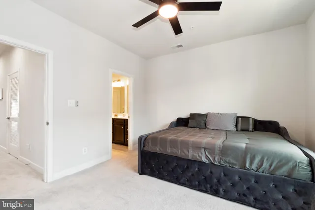 a bedroom with a bed and a walk in closet