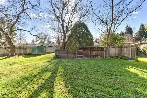 a view of backyard with wooden fence and large trees