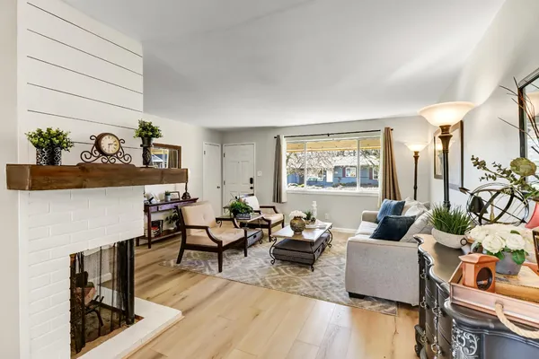 a living room with furniture and a potted plant