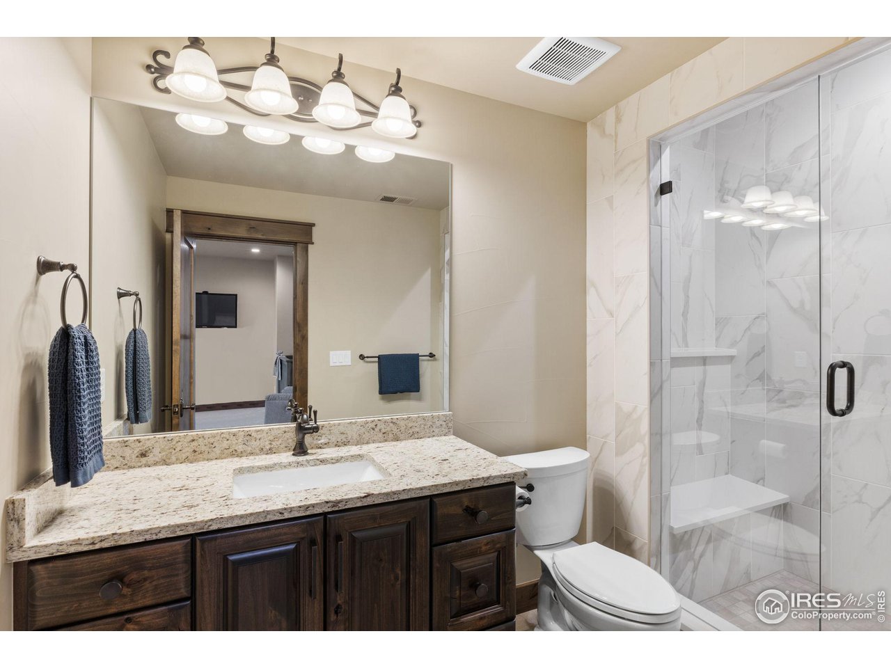 2770 Heron Lakes Parkway Berthoud, CO 80513 - Photo 36 of 40 a bathroom with a granite countertop sink a toilet a mirror and shower