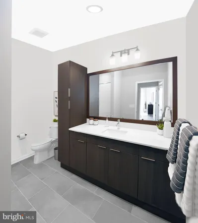 a bathroom with a double vanity sink mirror and toilet