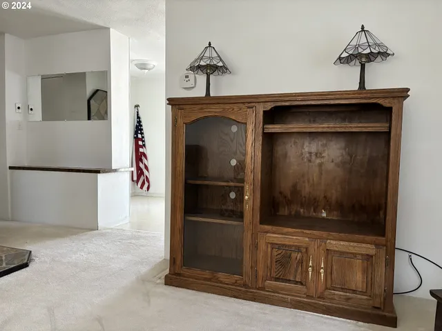 a view of a hallway with wooden floor and cabinet