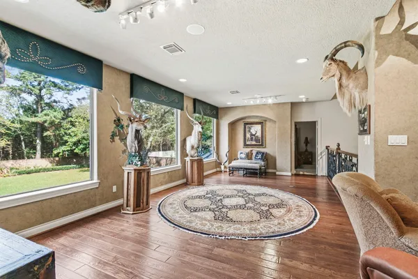 a living room with furniture a rug and a window