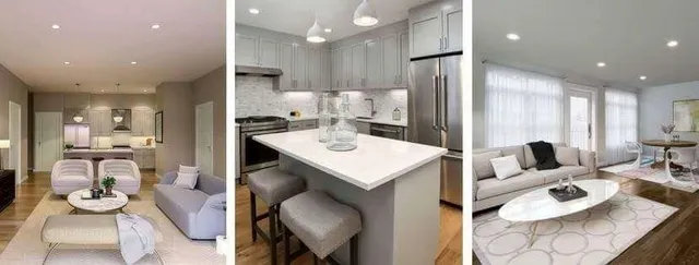 a kitchen with stainless steel appliances kitchen island granite countertop a sink and refrigerator