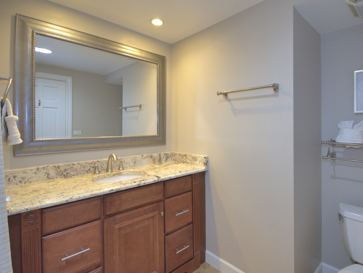 100 Ambleside Road Des Plaines, IL 60016 - Photo 9 of 15 a bathroom with a granite countertop sink and a mirror
