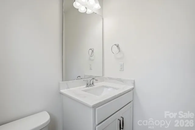 a bathroom with a sink vanity and toilet