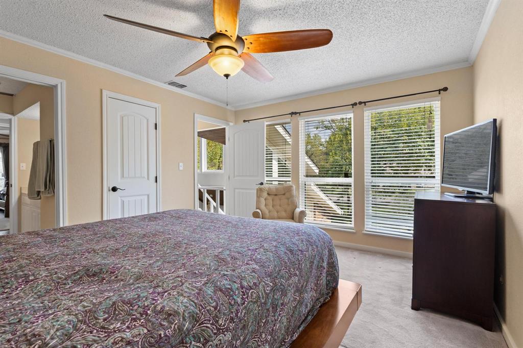 455 Lakepoint Loop Pottsboro, TX 75076 - Photo 14 of 40 Bedroom with carpet flooring, ornamental molding, multiple windows, a textured ceiling, and ceiling fan