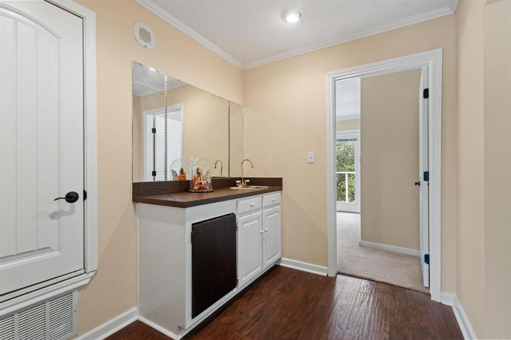 455 Lakepoint Loop Pottsboro, TX 75076 - Photo 17 of 40 Bathroom featuring dark wood-style floors, vanity, and ornamental molding
