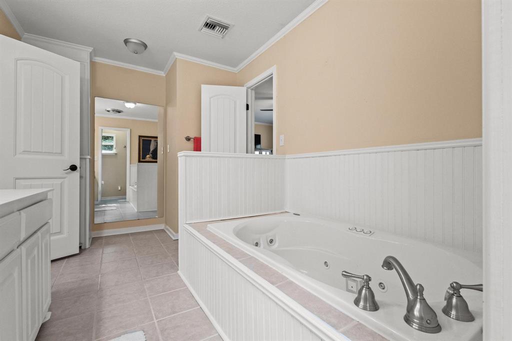 455 Lakepoint Loop Pottsboro, TX 75076 - Photo 18 of 36 Full bath featuring a jetted tub, light tile patterned floors, ornamental molding, and vanity